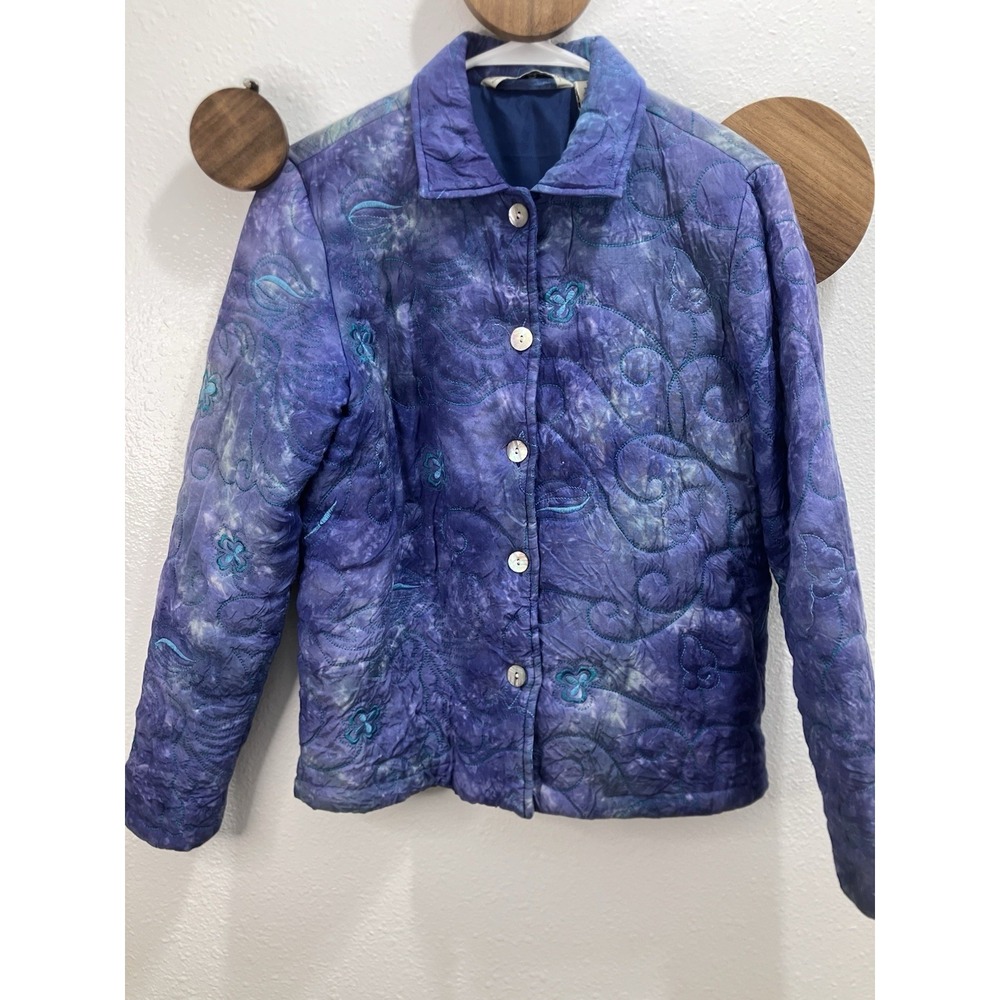 French Laundry Jacket Women S Indigo Blue Quilted Teal Embroidered Floral Art